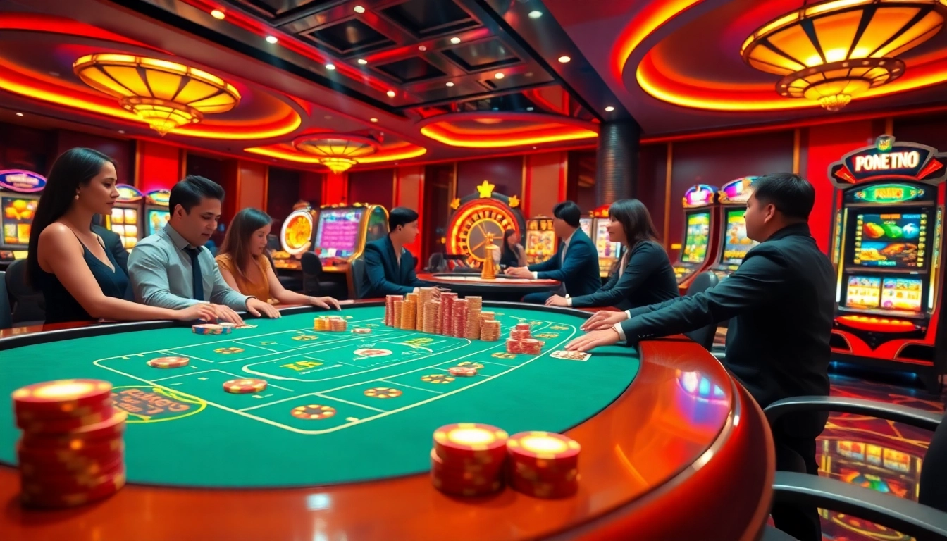 Experience the thrilling atmosphere of Bet88vn with lively casino tables filled with engaged gamblers and shining slot machines.