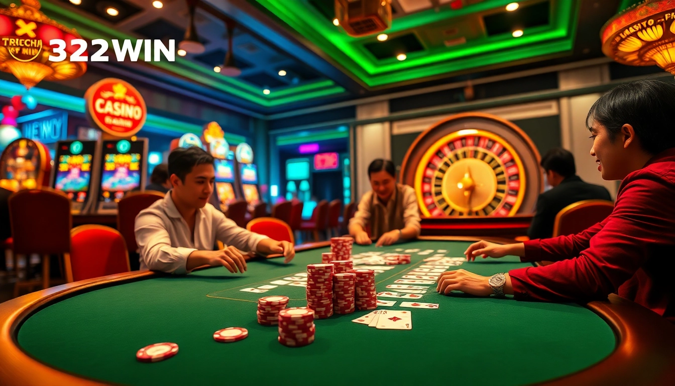 Explore the excitement at TRANG CHỦ 32WIN, featuring vibrant slot machines and thrilling poker tables in a stunning casino setting.