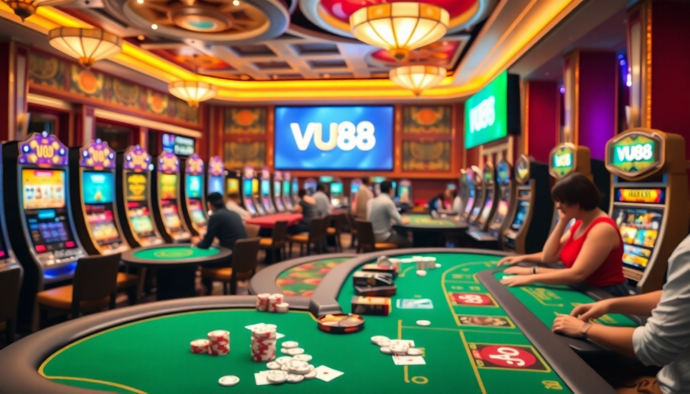 Experience the thrill of VU88 at a luxurious casino with vibrant poker games and slot machines.