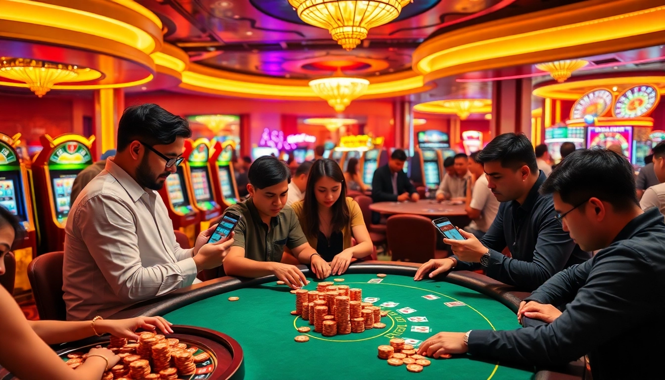 Kèo nhà cái hôm nay featured in an exciting casino scene with players engaging at tables and slot machines.