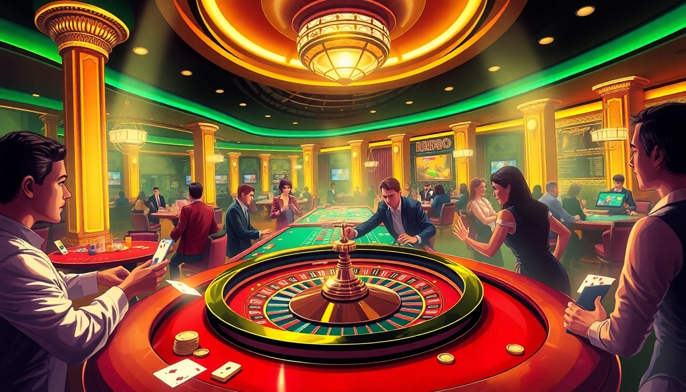 Exciting casino scene with players at a roulette table promoting nhà cái rr88, showcasing tension and thrill.