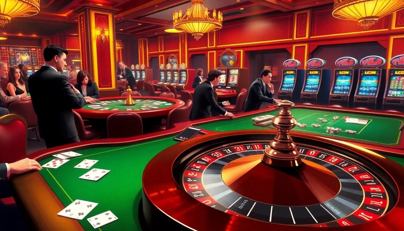 Dramatic view of a bustling casino showcasing vibrant games and deneme bonusu veren siteler excitement with roulette wheel and players.