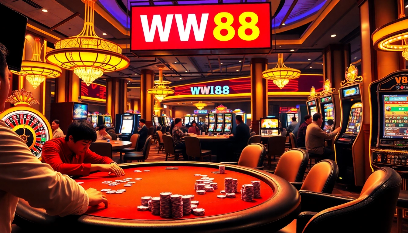 WW88 casino experience featuring engaged players at poker and roulette tables with vibrant slot machines.