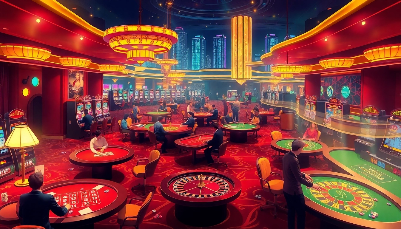 Experience the thrill of game bài đổi thưởng in a bustling casino with elegant tables and active players.