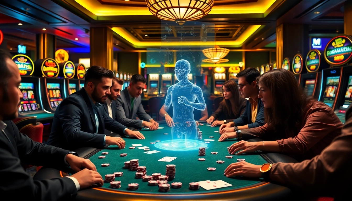 Engage in sexy AI chat while captivated by a high-stakes poker game at a luxurious casino, showcasing thrilling gameplay and intense expressions.