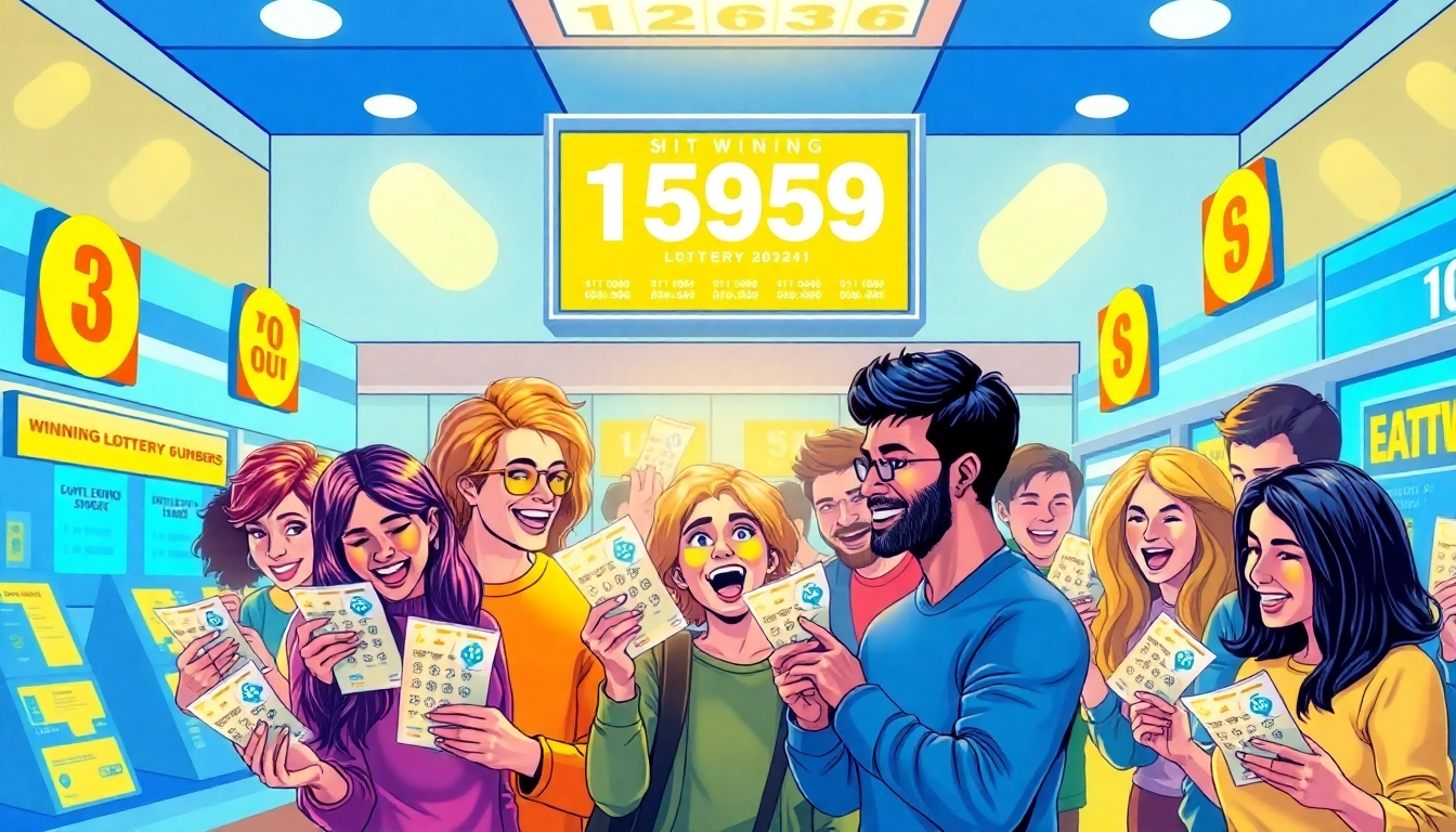 Players examining lottery tickets and cheering in a colorful lottery shop.