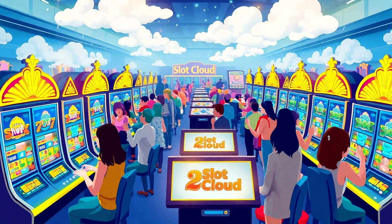 Players enjoying diverse slot machines at Slot Cloud Casino, with a modern cloud-themed backdrop.