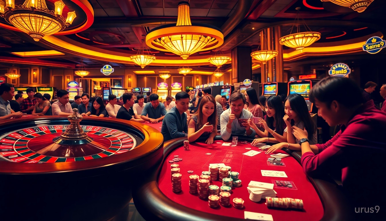 Gamblers enjoy high-stakes action at a lively casino featuring urus9-themed poker chips and tables.