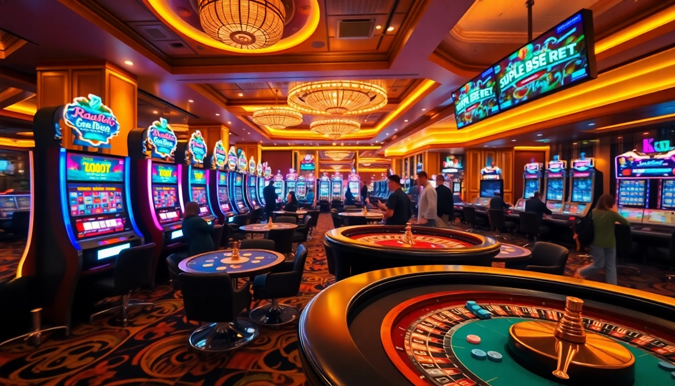 Engage in the thrilling atmosphere of ku bet with vibrant tables featuring players and slot machines in an upscale casino.
