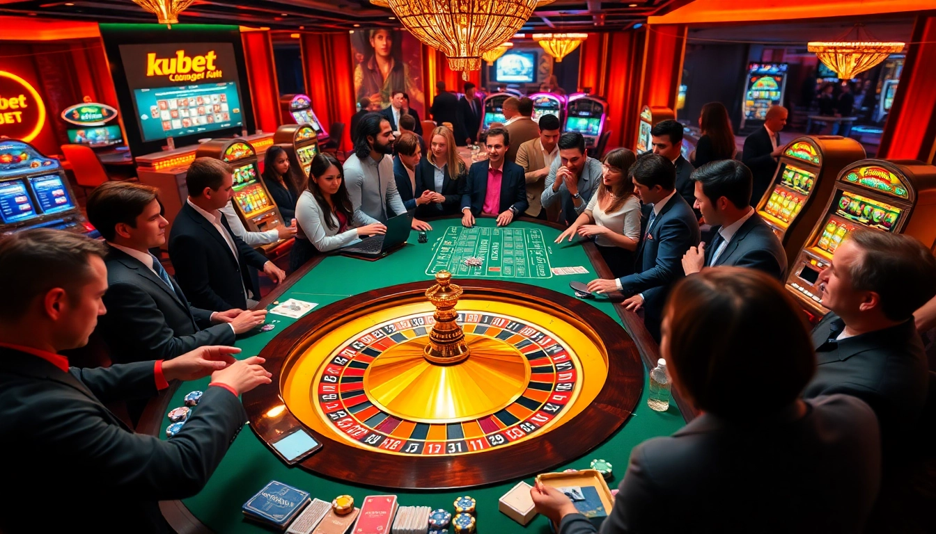 Experience the thrill of kubet at a bustling roulette table with players placing bets and vibrant colors.