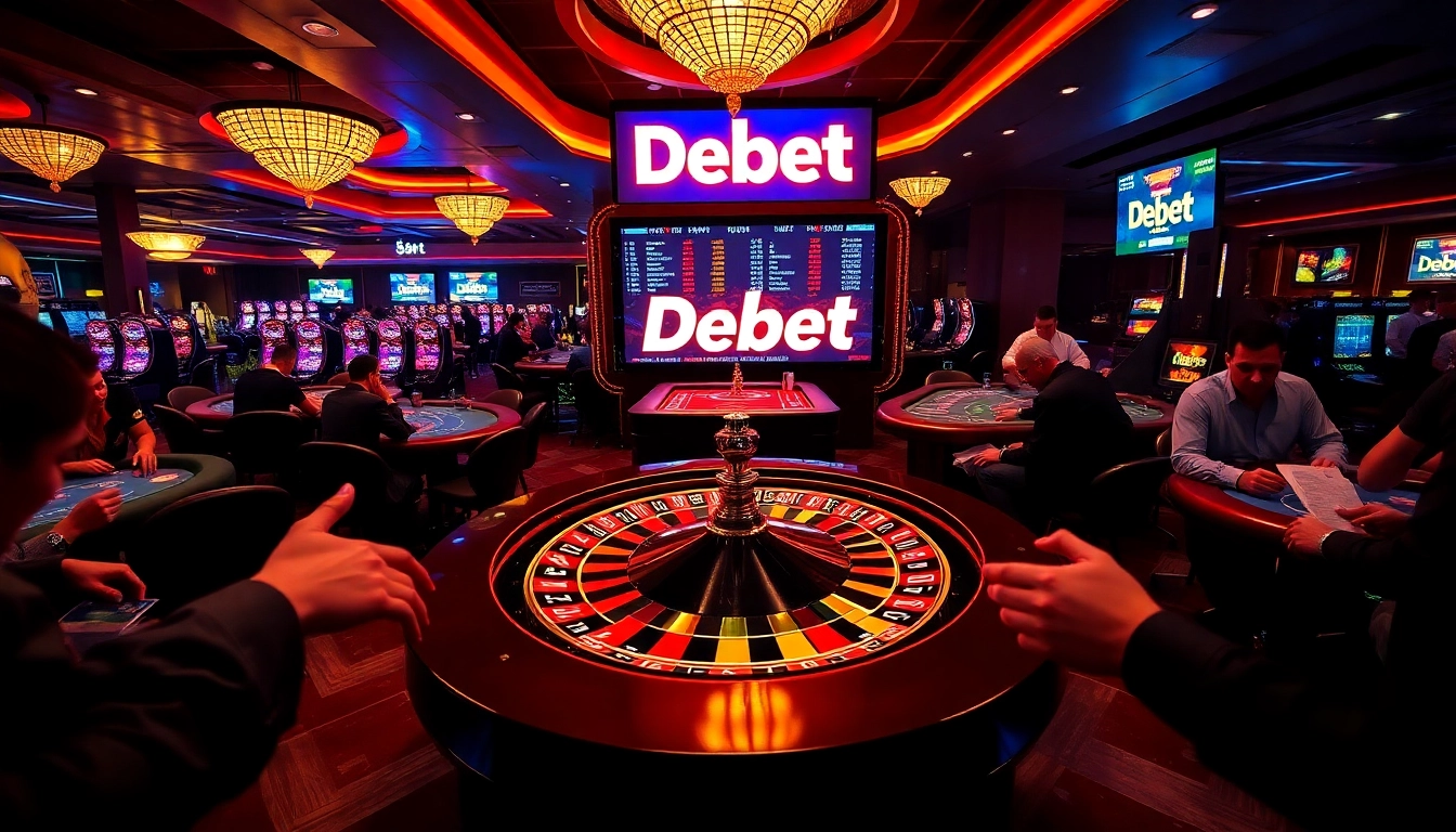 Debet's exciting casino atmosphere with players at roulette and blackjack tables.