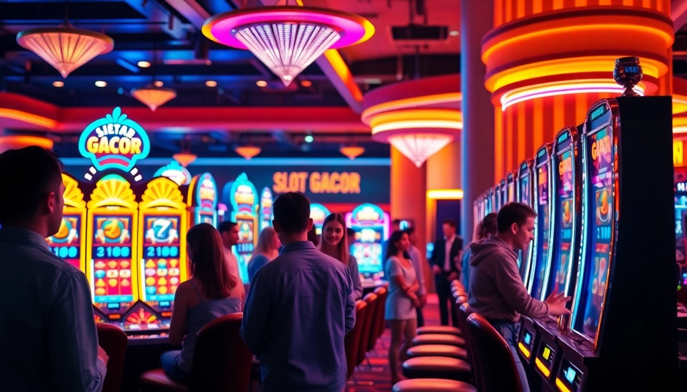 Exciting view of players engaging with "slot gacor" machines in a modern online casino.