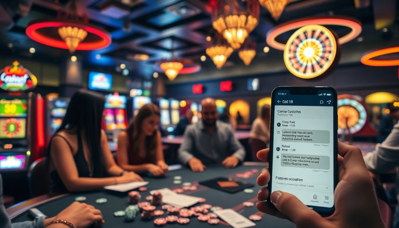 Exciting casino chat +18 scene with gamblers at the poker table and vibrant slot machines.