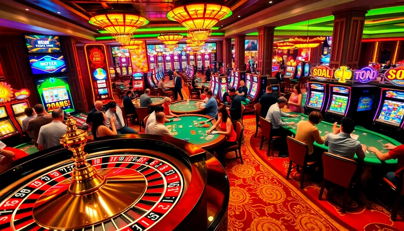 Energetic casino scene at bet88vn.locker featuring players at roulette, poker, and slot machines.