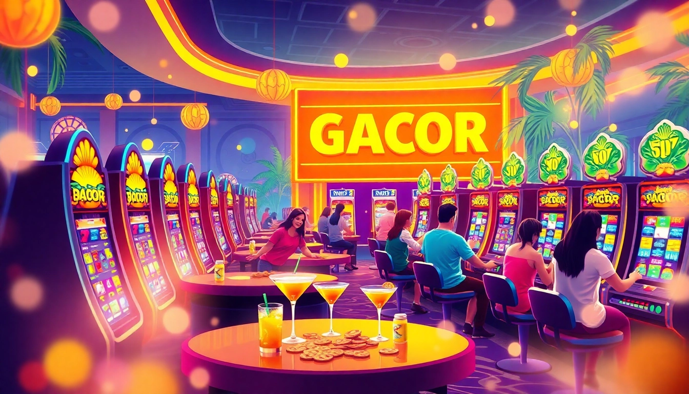 Players enjoying the thrill of slot gacor at an online casino, surrounded by vibrant lights and excitement.