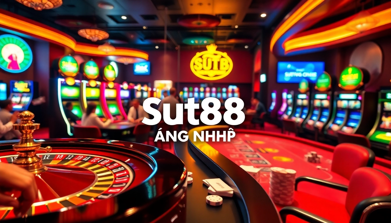 SUT88 ĐĂNG NHẬP at a lively casino with roulette and poker games, inviting players to join the betting excitement.