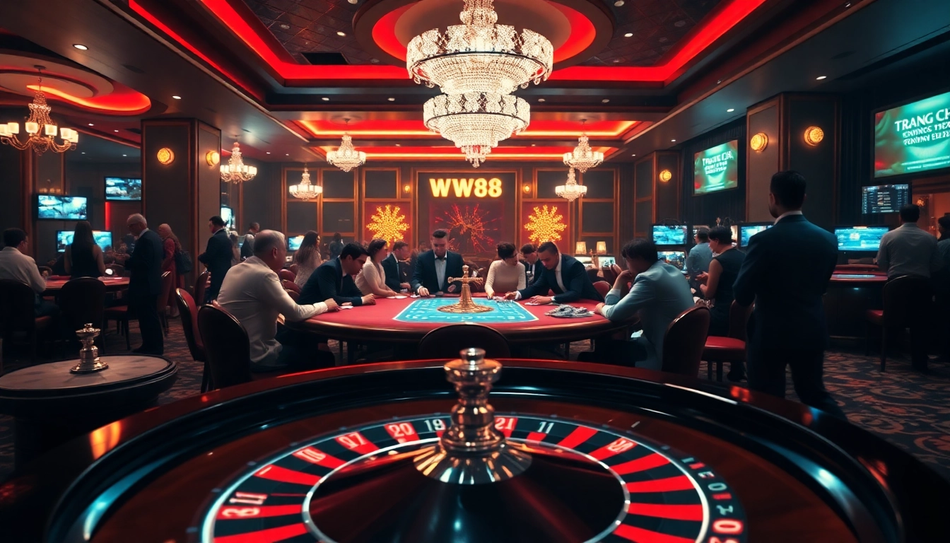 Experience high-stakes action at trang chủ WW88 with players at a poker table surrounded by vibrant casino energy.
