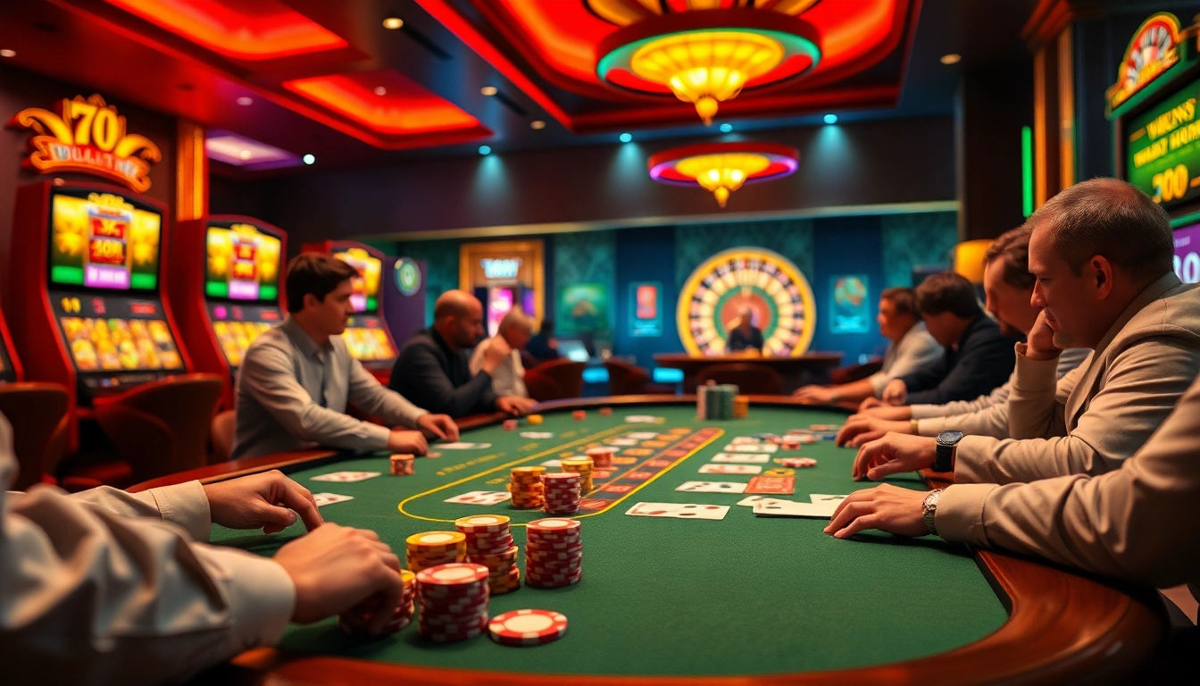 Experience thrilling gameplay at 78winni net with engaged players at a blackjack table, surrounded by vibrant casino elements.