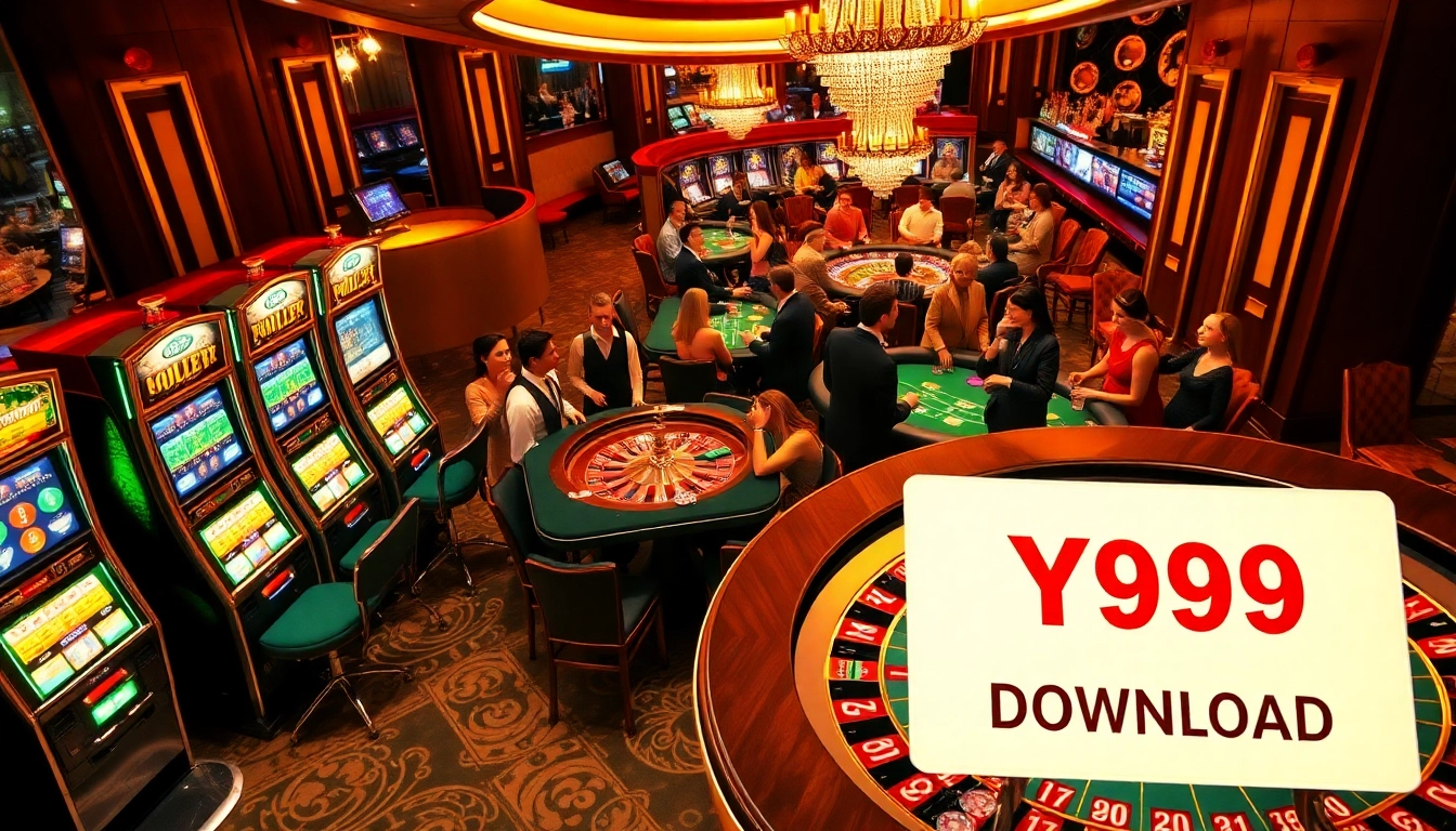 Experience the thrill of the Y999 Game Download with vibrant casino activities and players at roulette tables.