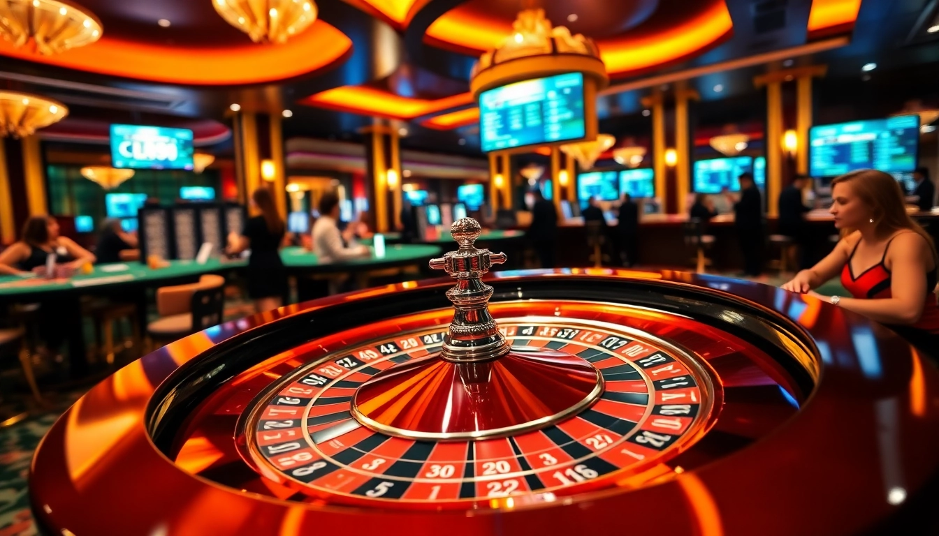 Experience the thrill of FB88 at a luxurious casino with players engaged in roulette and poker.