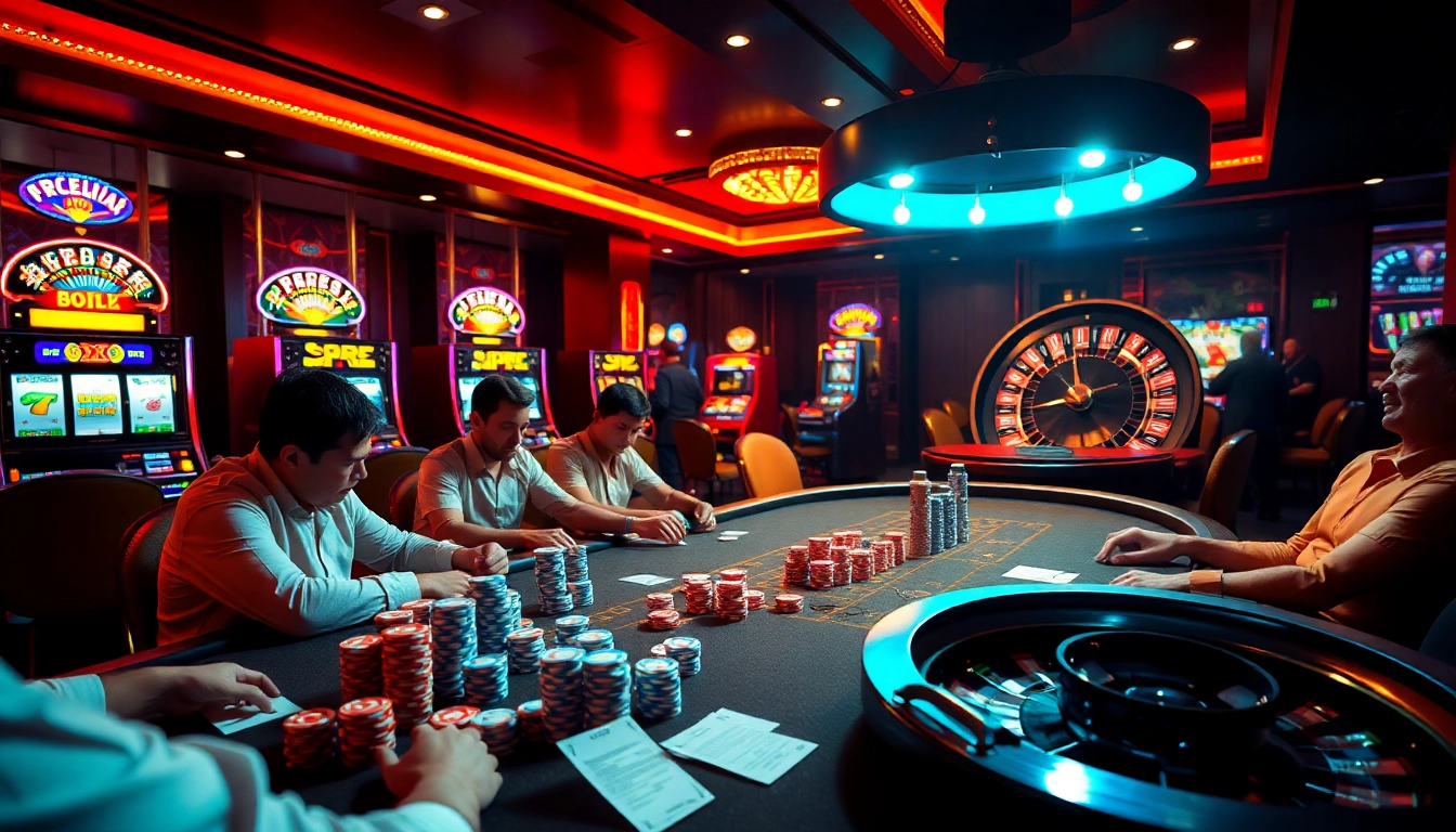 Experience the thrill of 88CLB at an energetic poker table, surrounded by players and vibrant slot machines.