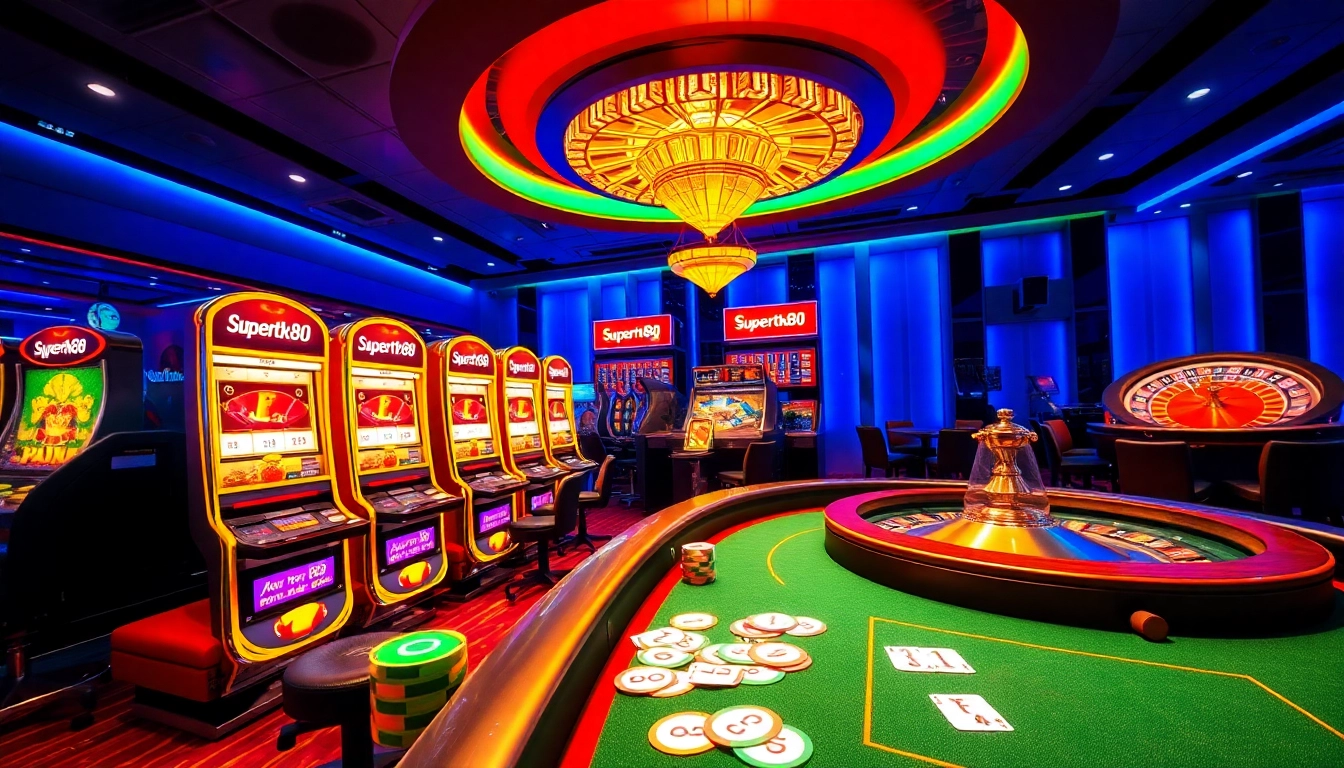 Immerse in the thrilling Supertkb88 gaming experience at the poker table, surrounded by vibrant chips and cards.